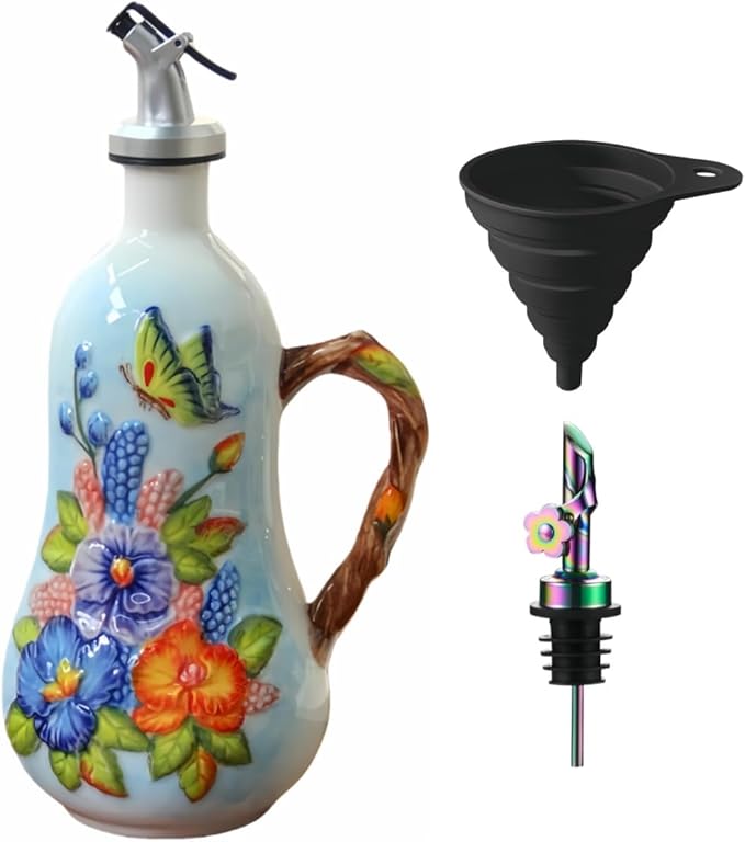 18.26oz/540ml Decorative Olive Oil Dispenser Bottle for Kitchen,Hand Painted Relief Ceramic Olive Oil Bottle,Ceramic Oil Container (B-Butterfly Love Flower)