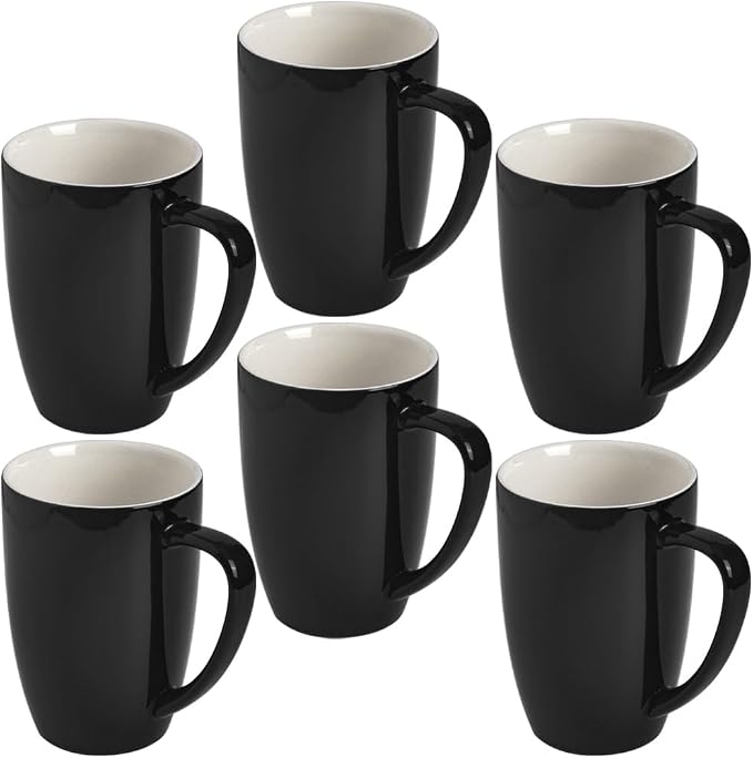 homEdge Porcelain Mug Set, 12 Ounces Cup for Tea, Latte, Mocha, Hot Chocolate, Set of 6, Black