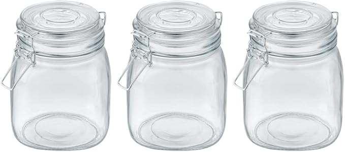 Restaurantware-Vetri 30.4 Ounces Glass Storage Jars, 3-Piece Dishwashable Glass Cookie Jars - Airtight Seal, Hot & Cold Friendly, Clear Candy Container, For Kitchen, Laundry, Or Storage