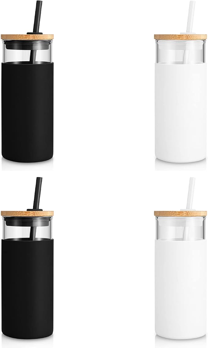 Tronco 20 oz Glass Tumbler with Lid and Straw, Iced Coffee Cup and Smoothie Cup with Bamboo Lids & Protective Silicone Sleeve, Dishwasher Safe, BPA-Free, Glass Cup 4 Pack