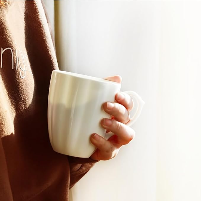 Fine Bone China Pure White Coffee Mugs, Pumpkin Shape 15 oz Large Capacity, Set of 4 Tea Cups, Thin Thickness and Light Weight, With Large Handle Comfortable to Hold, Microwave and Dishwasher Safe