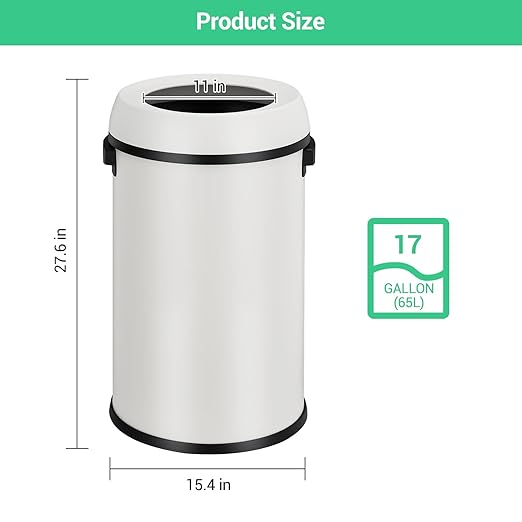 Garvee 17 gal/65 L Trash Can, Fingerprint-Proof Stainless Steel Open Top Garbage Can, Heavy Duty Commercial Round Trash Bin for Restaurant, Home, Office,White