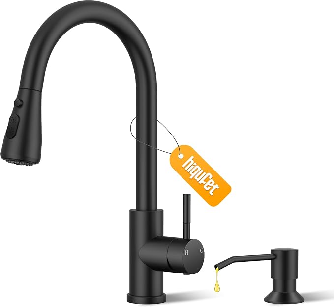 Hiqufet Black Kitchen Faucet with Soap Dispenser & Pull Down Sprayer, Rv Kitchen Sink Faucets for Pot Filler, Farmhouse Camper Bar Sink Laundry, RV Bathroom, Single Hole Single Handle Stainless Steel