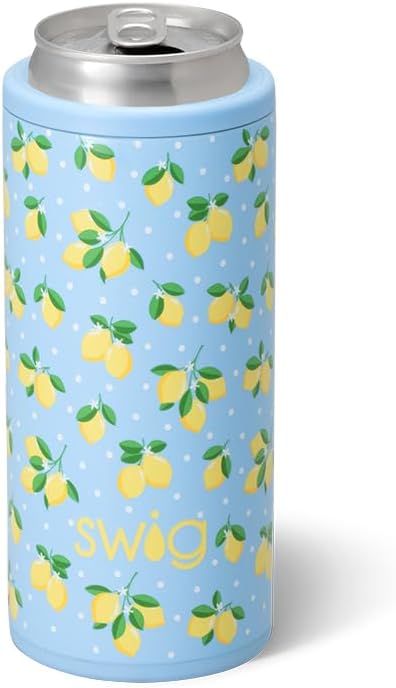 Swig Life Skinny Can Cooler, 12oz Insulated Slim Can Holder, Stainless Steel Cans Cooler, Covers for Tall Beer Bottles, Beach Accessories for Women (Lemon Meringue)