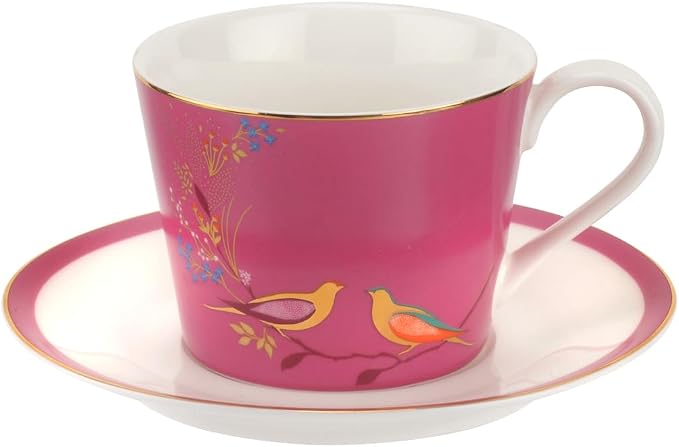 Portmeirion Sara Miller London Chelsea Teacup and Saucer, Pink | 8 Oz Cup for Drinking Tea and Coffee | Made from Fine China with Gold Detail | Handwash Only