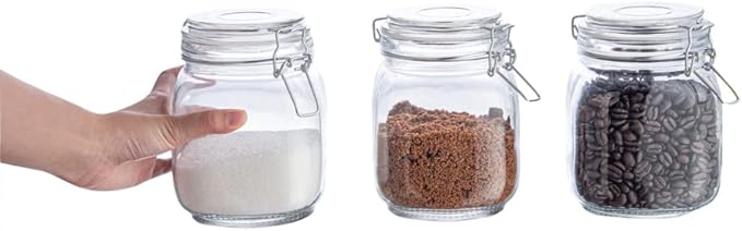 Restaurantware-Vetri 30.4 Ounces Glass Storage Jars, 3-Piece Dishwashable Glass Cookie Jars - Airtight Seal, Hot & Cold Friendly, Clear Candy Container, For Kitchen, Laundry, Or Storage