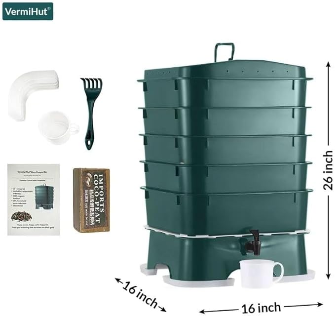 The Original VermiHut® Plus 5-Tray Worm Composter – Dark Green | Indoor & Outdoor Vermicomposting Bin | Sustainable Design for Food Waste Recycling