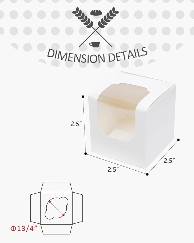 qiqee Cupcake Boxes 200-Packs Individual Cupcake Container White 3.5" x 3.5" x 3.5" Single Auto-pop up Cupcake Boxes
