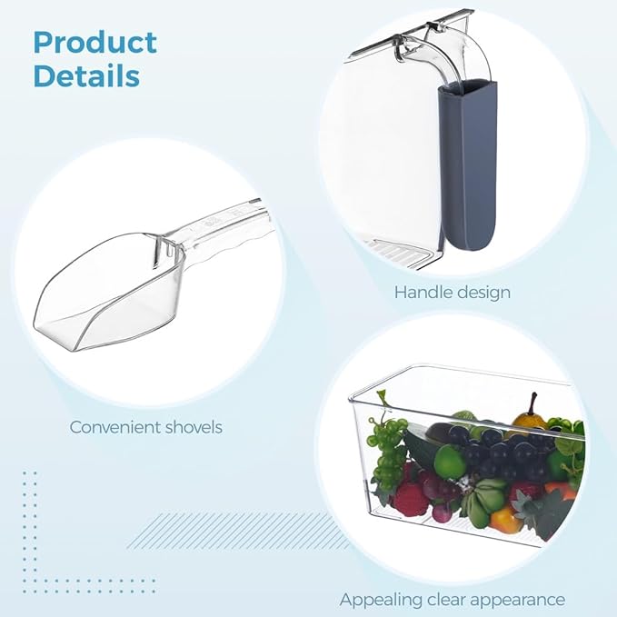 4 Pcs Clear Freezer Ice Bins with Handle Design, Ice Food Organizers for Kitchen Fridge Cabinet, Transparent Plastic Storage Cases with Shovels Scoops, Refrigerator Containers