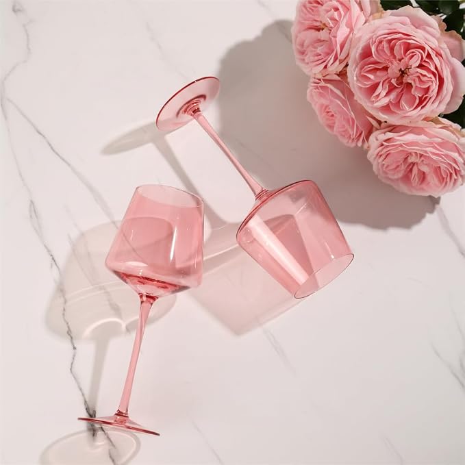 Physkoa Pink Wine Glasses Set 6-16oz Blush Pink Wine Glasses With Tall Long Stem and Flat Bottom,Pink Glassware for Home Decor & Gifts