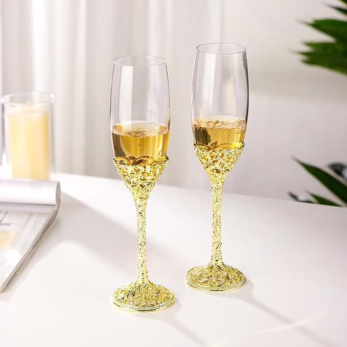 Champagne Flutes -His and Hers,Wedding Toasting Glasses for Engagement Celebrations, Bridal Shower and Registry Idea, Tall Wine Glasses for Bride and Groom Gifts,7oz (Gold New)