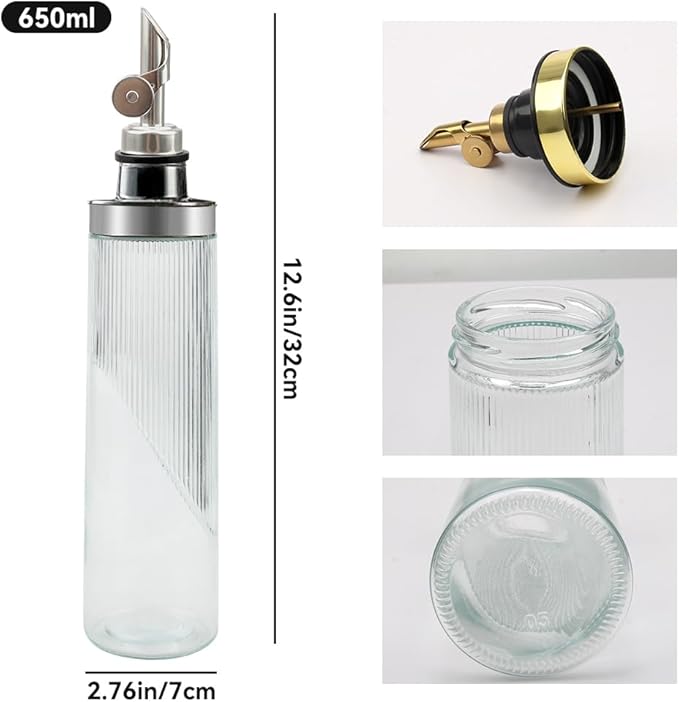 TINMIX Glass Olive Oil Dispenser Bottle for Kitchen 22OZ/650ML Oil and Vinegar Dispenser with Stainless Steel Pour Spout and Labels
