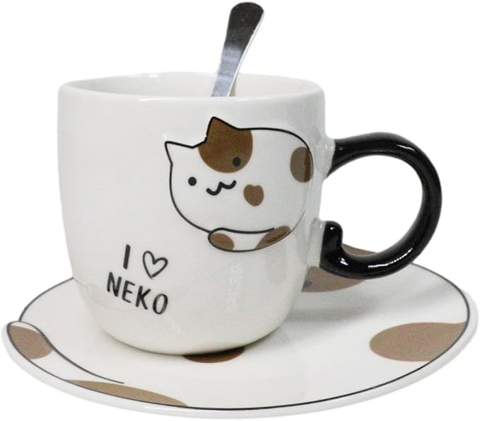 Ebros Pack Of 2 Crazy For Cats Maneki Neko Porcelain Coffee Tea Mug Cup 8oz With Saucer Tray And Notched Spoon Animal Pets Kittens Mugs Cups Kids And Adults Drinkware (Calico Spotted)