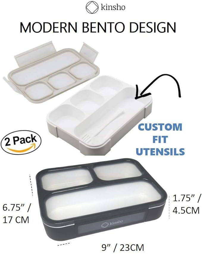 kinsho Bento Box Lunch Boxes for Kids Adults, Meal and Snack Containers School Work Travel, 4 Divided Portion Control Compartments, Japanese Style, BPA Free, Utentils Included (Grey + Black, 2 Pack)