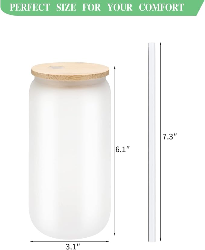 YOUKE OLA 20 Pack Sublimation Blank Beer Glass Cup Can Shaped Frosted with Bamboo Lids Borosilicate Glasses Tumbler Mason Jar Cups Mug with Glass Straw for Beer, Juice, Soda, Iced Coffee, Drinks 16oz