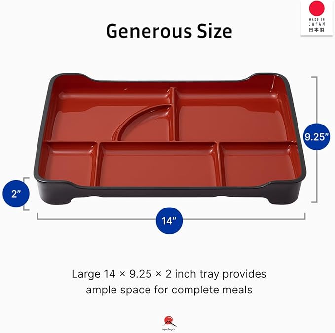 JapanBargain 1590, Japanese Lunch Bento Box Traditional Plastic Lacquered Bento Plate 6 Compartments for Restaurant or Home, Red and Black Color, 14"x9.25", Made in Japan, 10 Pack