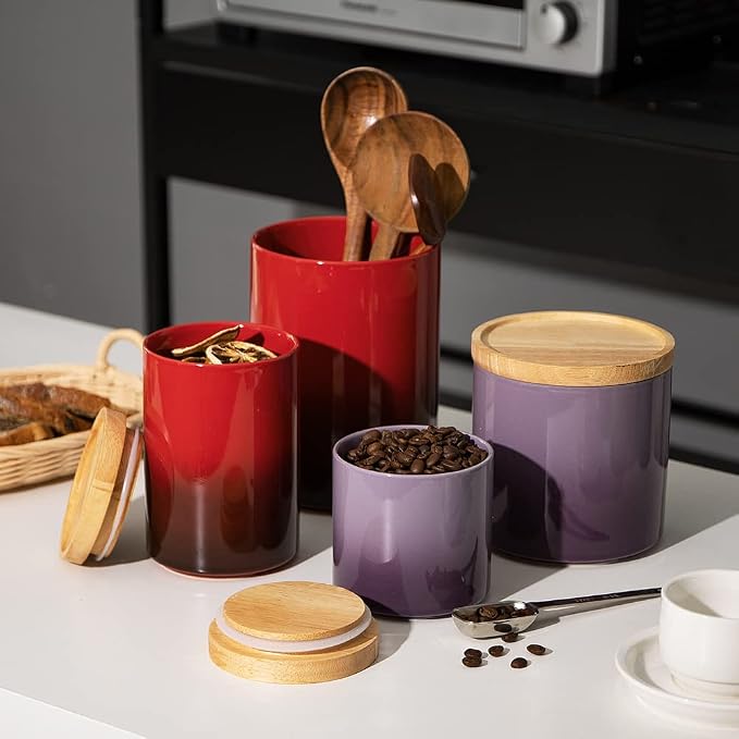 Sweejar Ceramic Food Storage Jar, Stackable Kitchen Canisters, Containers with Airtight Seal Wooden Lid for Serving Coffee Bean, Flour, Tea, Cookies, Spice and More - 58 Fl Oz (Gradient Red)