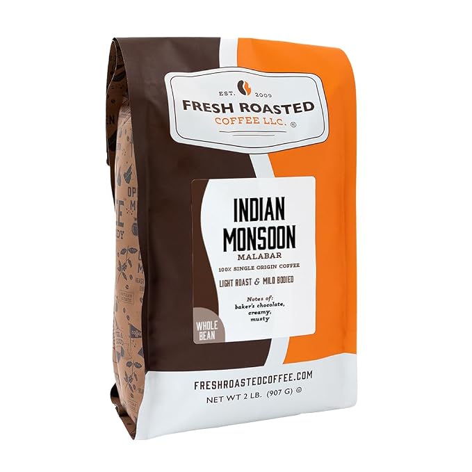 Fresh Roasted Coffee, Indian Monsoon Malabar Whole Bean Coffee, Light Roast, Kosher, 2 lb (32 oz)