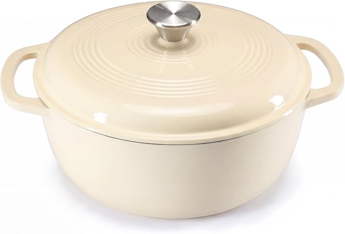 DUMOS Cast Iron Dutch Oven, 6 Quart Pot with Lid, Enameled Heavy Duty Cookware, Oven Safe to 500°F, Perfect for Bread Baking, Stews and Roasting, Moisture Sealing Lid with Dual Handles, Beige