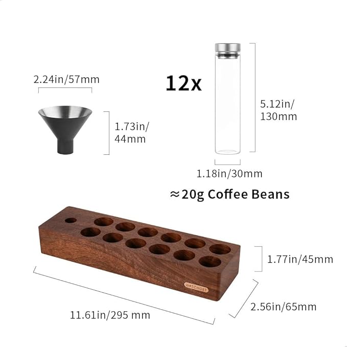 watchget 12-Piece Single Dose Coffee Bean Storage Tubes Coffee Storage Container with One-Way Exhaust Valve, Glass Vials with Walnut Wood Base And Funnel
