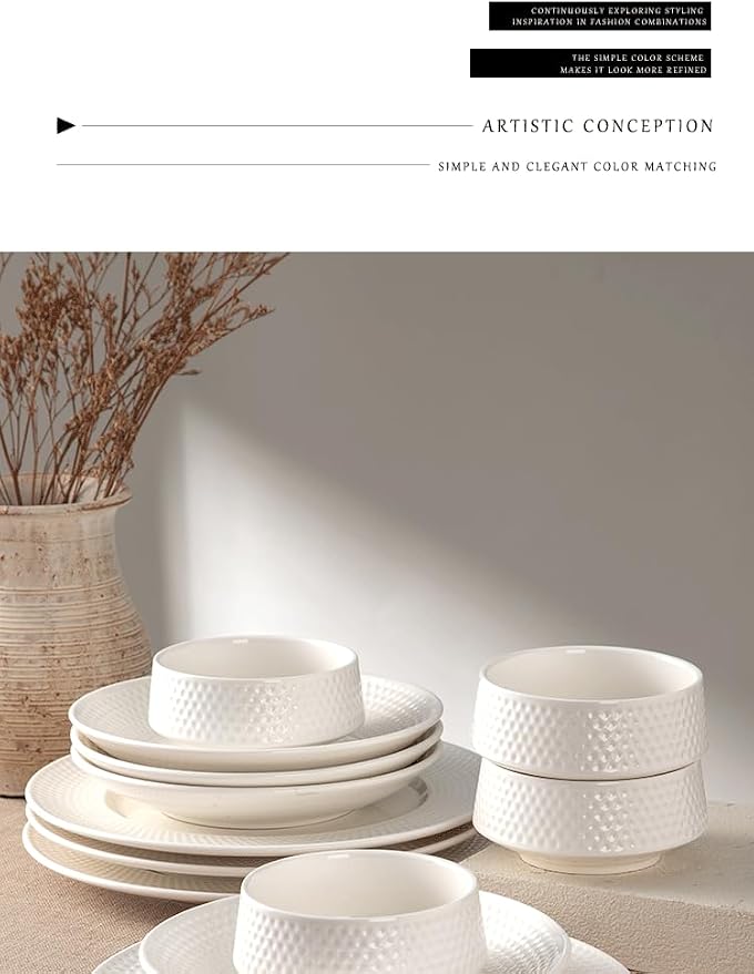 4-piece set, ceramic, embossed B design plate and bowl set, microwave and dishwasher tableware set, shatterproof and scratch resistant dinner set, irregular edge design, white