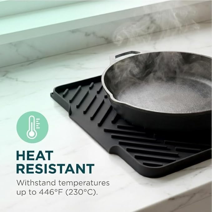 2 Pieces kitchen faucet mat as soap and sponge tray and silicone dish drying mats for kitchen counter, heat resistant mats for countertop, kitchen sink faucet organizer (black)
