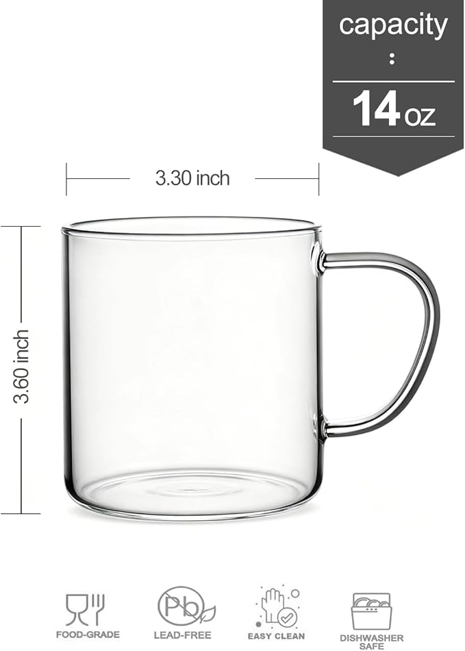 LUXU Glass Coffee Mugs Set of 4,14 oz Clear Coffee Cups,Hand Blown&Seamless Design,Heat Resistant and Explosion-Proof,Lightweight Tea Mugs with Anti Scald Handle Ideal for Home,Cafe