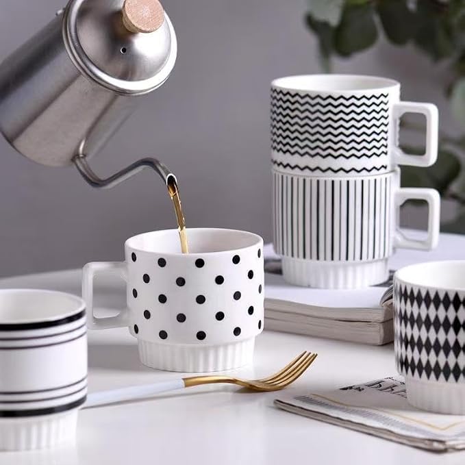 Stackable Coffee Mugs Set of 2, Simple Geometric Patterns Coffee Mug, 12oz Tea Cup Set, Espresso Cups, Stacked Mug Set for Household Party Housewarming Gift (2)