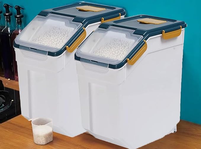 25LB Large Flour Storage Container Bin ,2 Pack Airtight Plastic with Wheels Seal Locking Lid Dispenser Organizer Storage Bin with Measuring Cup & Scoop for Flour, Rice, Grain 50LBS Total