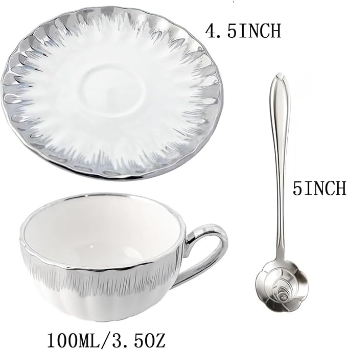 CHANJOON 6 Teacups Tea Tray Spoon Set, 6oz with Galvanized Gold Rim and Gift Box, Ceramic White English Coffee Teacup (silver, medium)