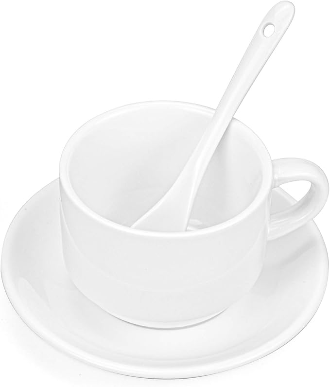 Hedume 6 Pack 5 OZ Espresso Cups with Saucers and Spoons, Stackable Espresso Coffee Cup Set for Specialty Coffee Drinks, Latte, Cafe Mocha and Tea - Safe for Dishwasher, Microwave, Oven and Freezer