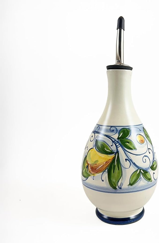 thatsArte - Hand-Painted Italian Ceramic Olive Oil Dispenser Bottle With Stainless Steel Spout - Venezia Oil Pourer by Rampini, Handmade in Gubbio, Made in Italy Cruet