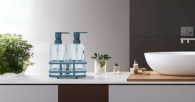 Square 3 Piece Glass Clear Lotion and Soap Pump Dispenser Set with Metal Stand Caddy for Bathroom Bath Kitchen Home Office Travel Hotel Hand Crafted Heavy Weight Spa Blue
