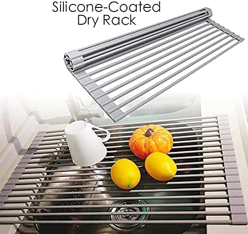Bigdata&BetterLife Roll Up Dish Drying Rack Simple Large Space Saving Dish Drying Mat with Rack for Kitchen Foldable Silicone Coated Stainless Steel Heavy Duty Dry Rack (Gray, 20.5" x 13.1")