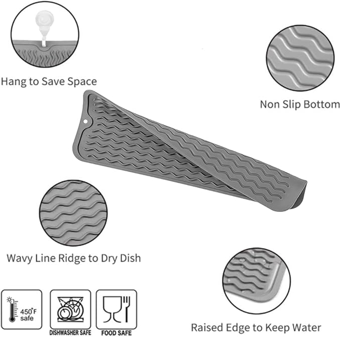 MicoYang Silicone Dish Drying Mat for Multiple Usage,Easy clean,Eco-friendly,Heat-resistant Silicone Mat for Kitchen Counter,Sink,Bar,Bottle,or Cup Grey M 17 inches x 6 inches