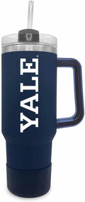 Campus Colors College & University 40 oz Travel Tumbler With Handle - Dual Option Lid With Straw - Vacuum Insulated Stainless Steel (Yale Bulldogs - Navy)