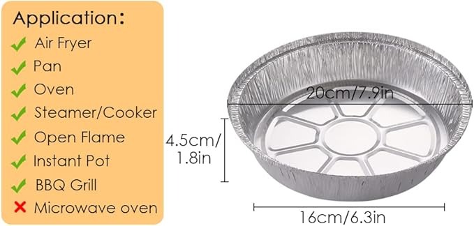 Non-Stick Round Disposable Air Fryer Aluminum Foil Liners 50PCS, Oil-Proof Aluminum Foil Tin Box Also for Steamer Basket Instant Pot Oven & Grill (8 Inch)