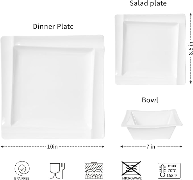 Square Melamine Dinnerware Sets of 12 Pcs,Square Plates and Bowls Sets,Unbreakable Dish Set for 4,Lightweight, Dishwasher Safe and BPA Free,Suit for RV,Camping（White）