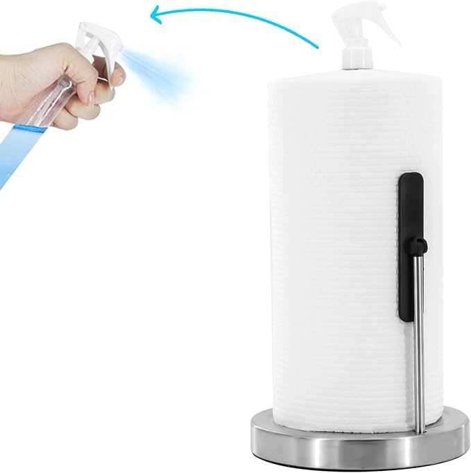 Paper Towel Holder with Spray Bottle, Countertop Kitchen Paper Towel Dispenser, Featuring Spring Arm and Weighted Base for One-Handed Operation (Brushed Nickel)