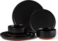 E-far 6-Piece Stoneware Plates and Bowls Sets, Dinnerware Sets for 2, Ceramic Dishware Dishes Set with Terracotta Base, Chip & Scratch Resistant, Microwave & Dishwasher Safe, Matte Black