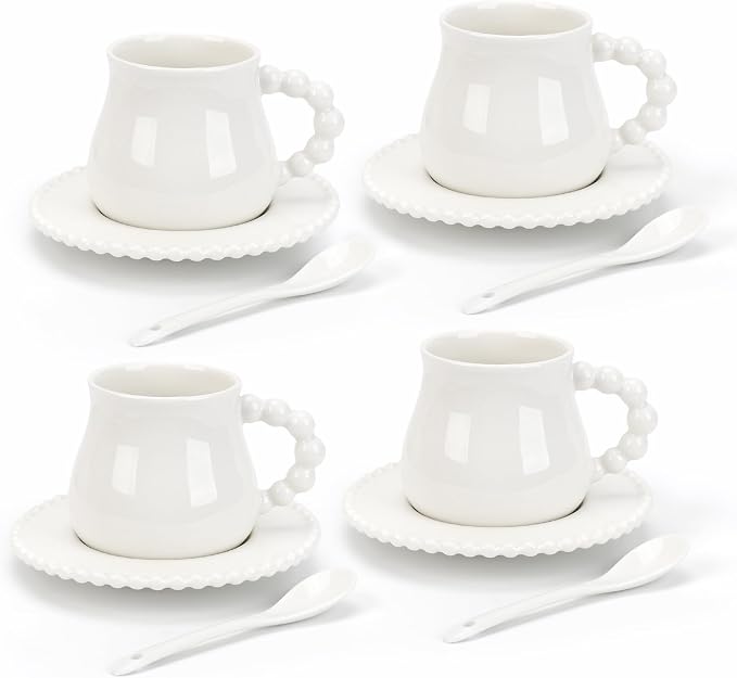 8 oz Ceramic Cappuccino Cups with Saucers and Spoons, Set of 4 Coffee Cup Mugs for Latte, Au Lait, Flat White, Mocha, Tea, Elegant Tea Mugs Set, Dishwasher & Microwave Safe