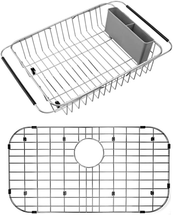 SANNO Over The Sink Expandable Dish Drying Rack, Dish Drainer Kitchen Sink Grate Stainless Steel Sink Protector