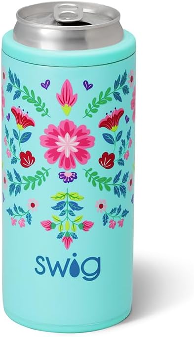 Swig Life Skinny Can Cooler, 12oz Insulated Slim Can Holder, Stainless Steel Cans Cooler, Covers for Tall Beer Bottles, Beach Accessories for Women (Flora Azul)