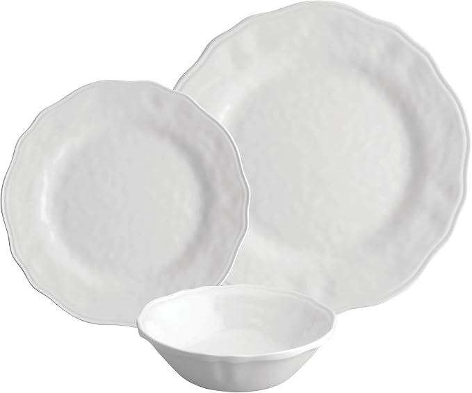UPware 12 Piece Dimple Melamine Dinnerware Sets, Outdoor Dishes Set, Plates and Bowls Sets, Service for 4, White