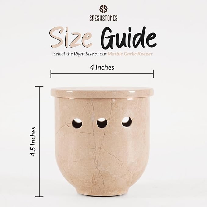 Marble Garlic Keeper 4.5 Inch Beige Handmade Garlic Holder for Counter & Fresh Garlic Cloves, Storage Container for Gifts, Garlic Saver for Kitchen Countertop Decor