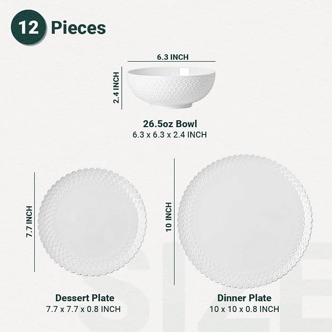 HOMBENE Dinnerware Set, 12 Piece Porcelain Dinnerware with Plates, Bowls and Dishes, Modern Dish Set for 4
