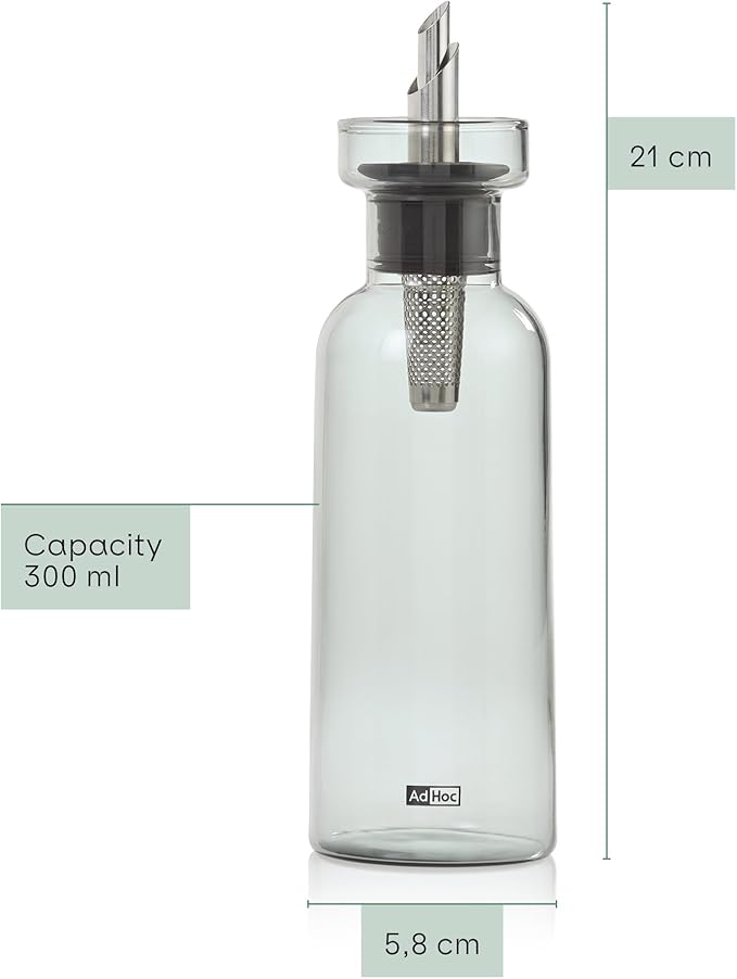 AdHoc AromaPour Oil & Vinegar Dispenser - Reusable, No-Drip Glass Container with Stainless Steel Filter - Dishwasher Safe - 10 oz