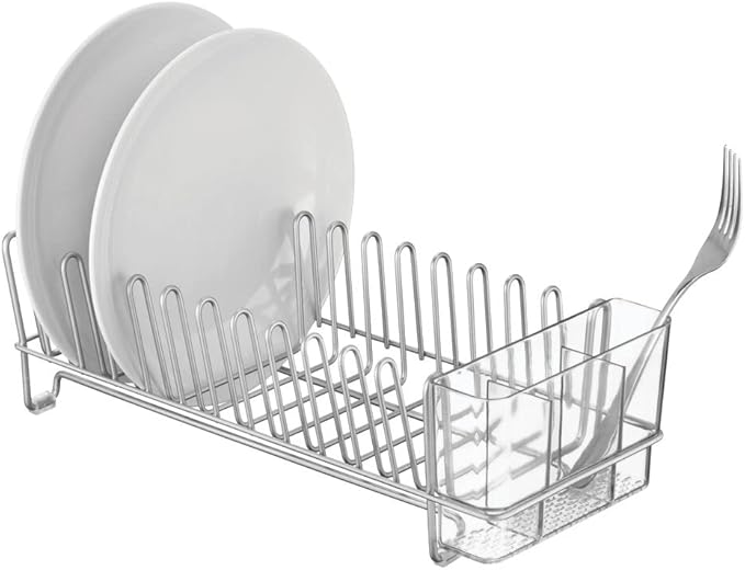 mDesign Kitchen Sink Dish Drainer – Small Metal and Plastic Dish Rack for Kitchen Sink – Ideal for Plates and Cutlery Basket – Chrome/Clear