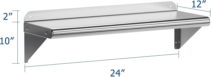 NSF Certified 12" x 24" Stainless Steel Wall Mount Shelf with Backsplash, Commercial Grade, 180 lb Capacity for Restaurant and Kitchens.