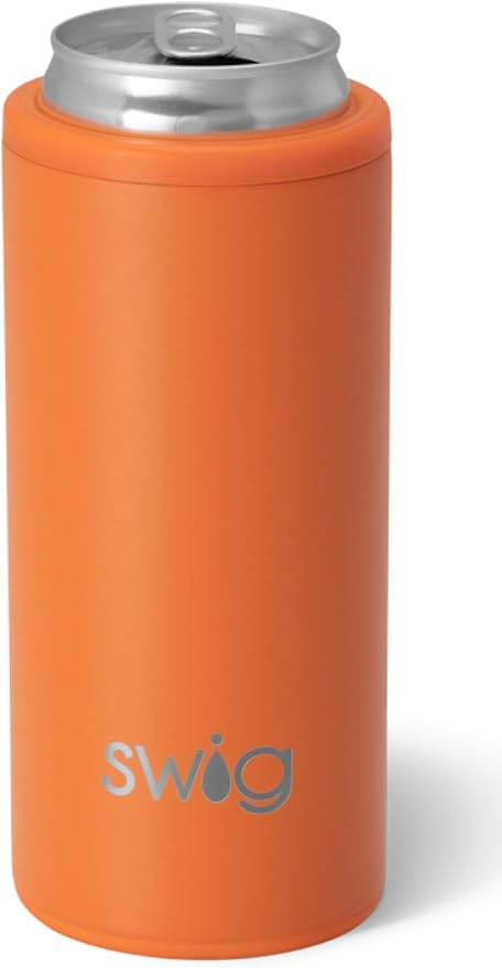 Swig Life Skinny Can Cooler, 12oz Insulated Slim Can Holder, Stainless Steel Cooler, Covers for Tall Beer Bottles, Beach Accessories for Women (Orange)